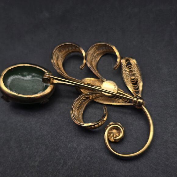 Nephrite Jade Gold Plated Sterling Silver Brooch Flower Filigree 2" x 1.5" - Picture 3 of 6